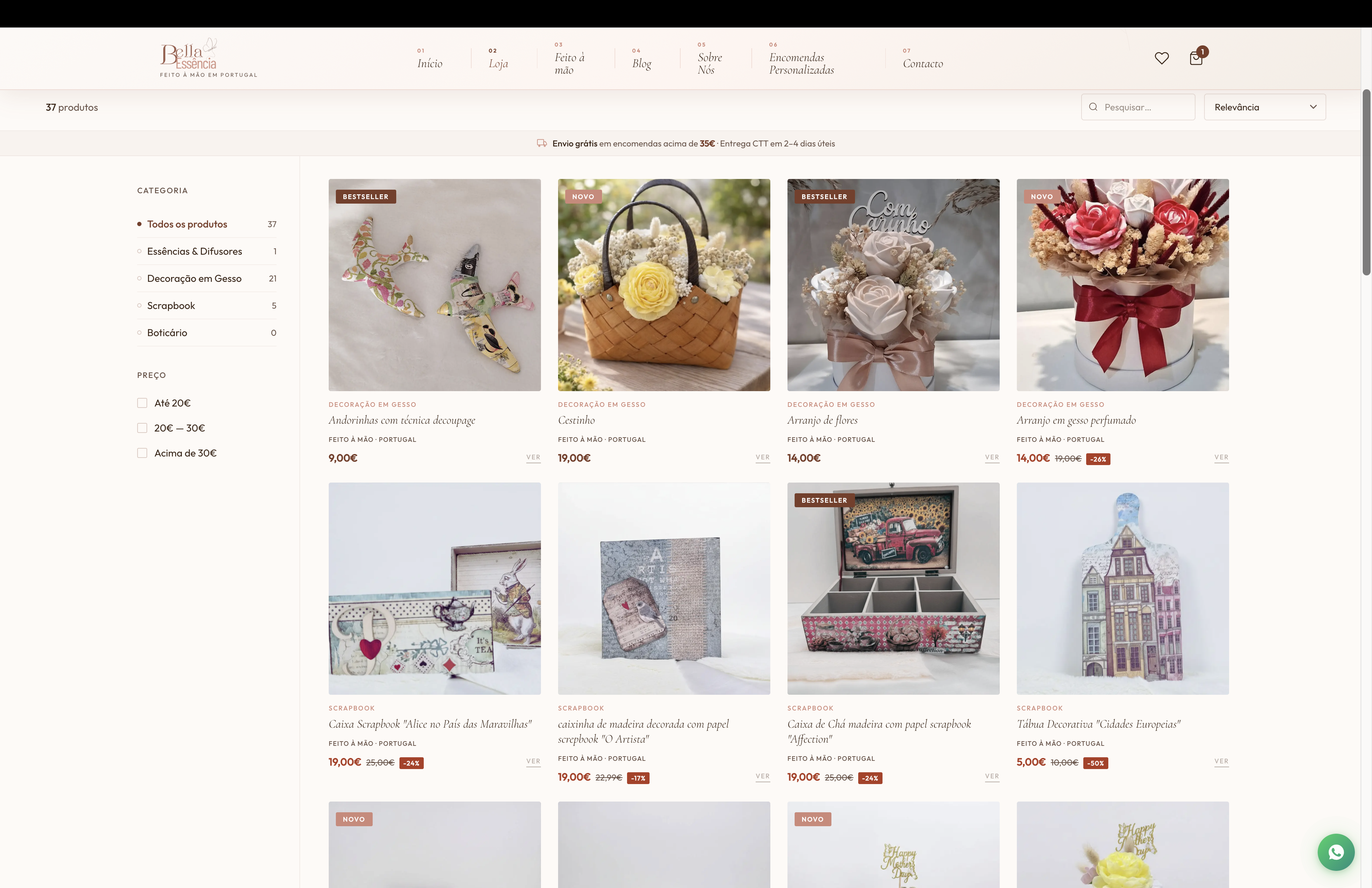 Loja online Bella Essência — 37 produtos artesanais com filtro por categoria e preço