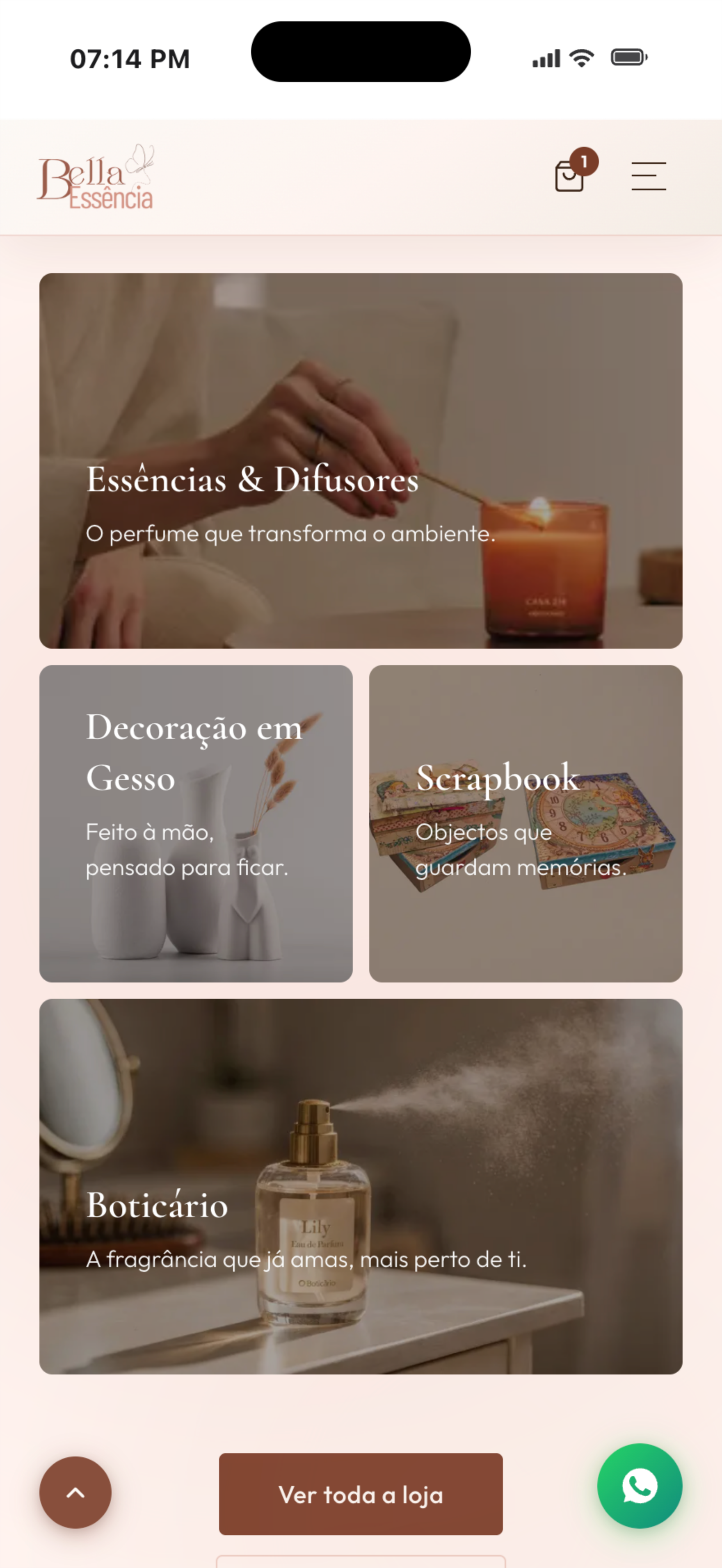 Navegação por coleções no mobile — Essências, Gesso, Scrapbook e Boticário