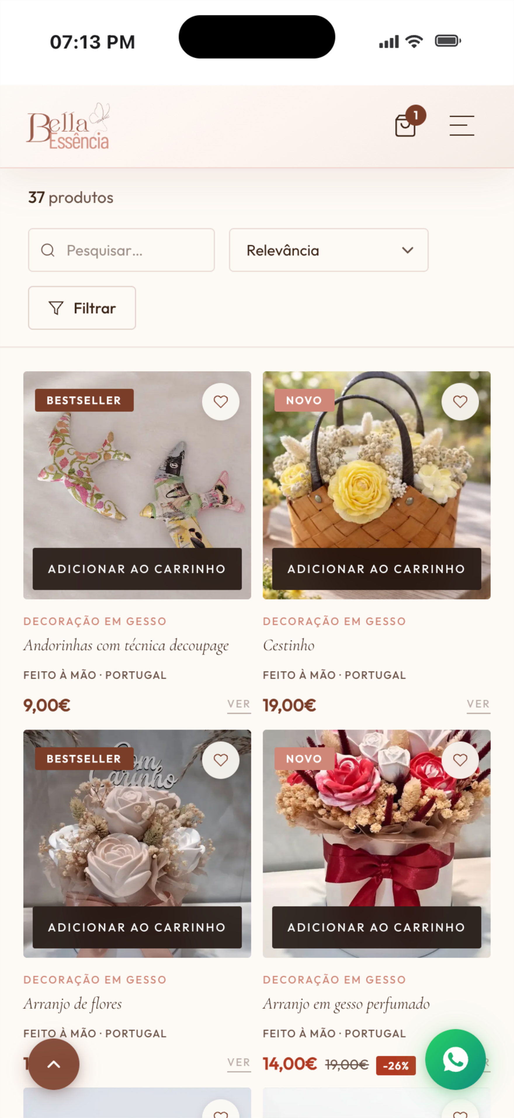 Experiência de compra no telemóvel — loja Bella Essência otimizada para mobile