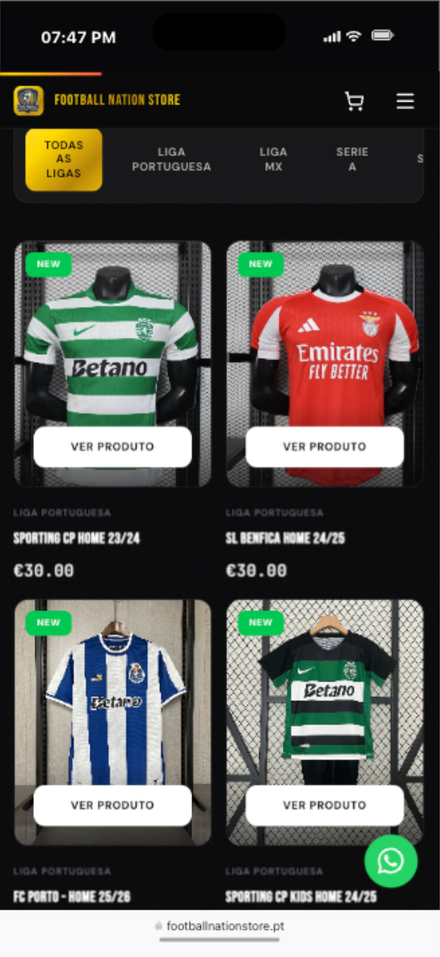 Website Football Nation Store — versão mobile