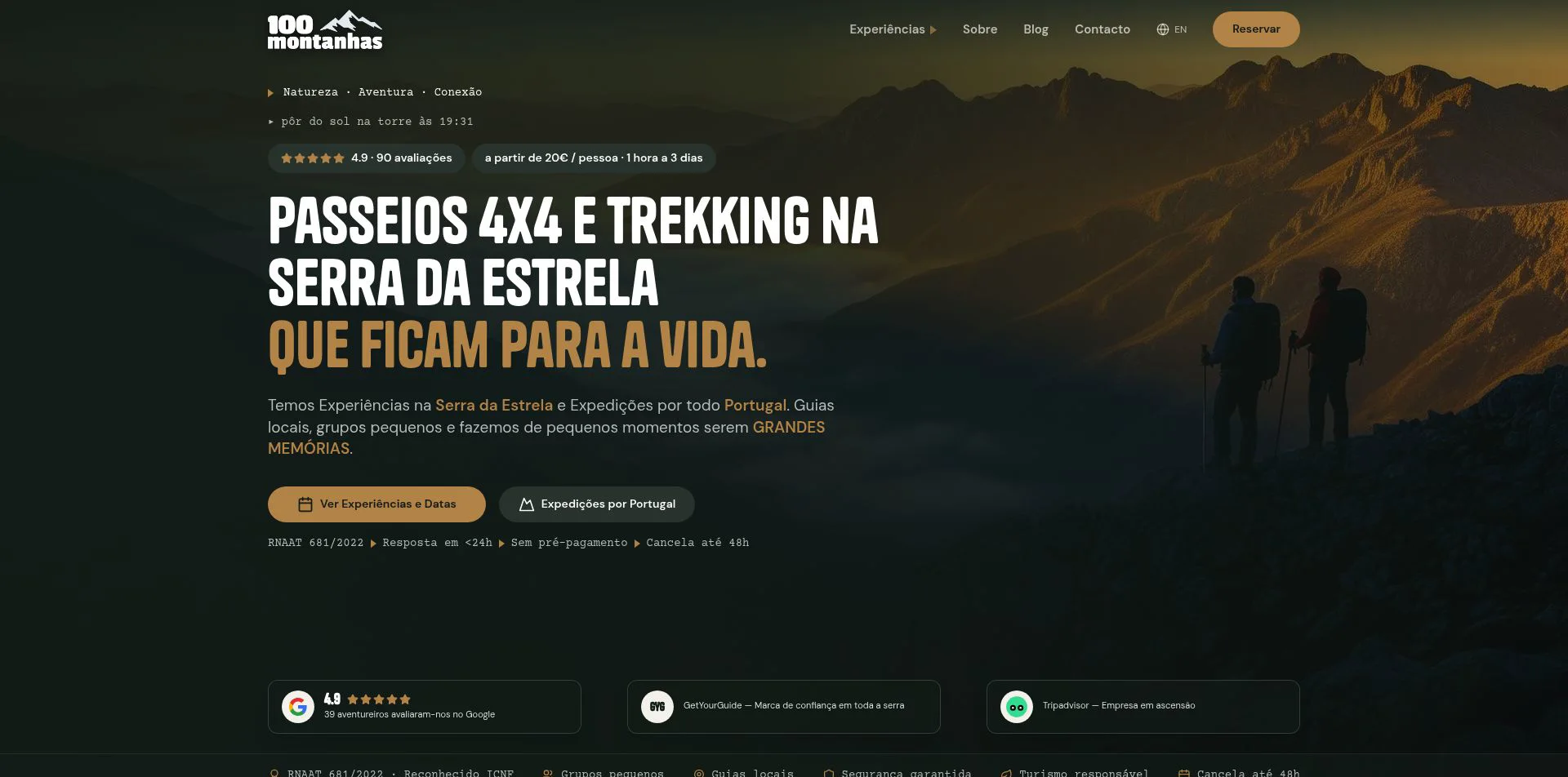 Website da 100Montanhas — experiências de aventura na Serra da Estrela e Douro Superior